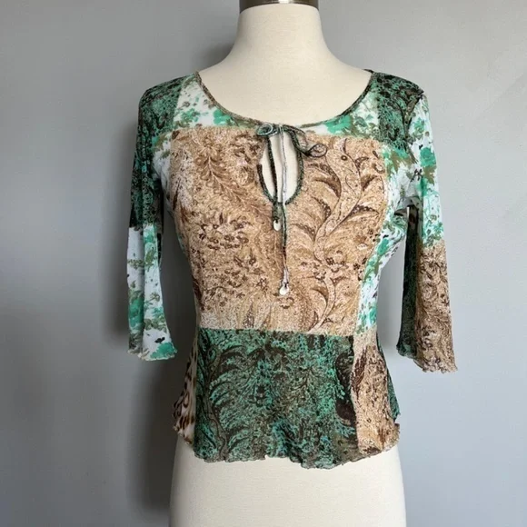 Roberto Cavalli Class Mesh 3/4‎ sleeves Parsley Floral cheetah Print Top Beach - Picture 3 of 11